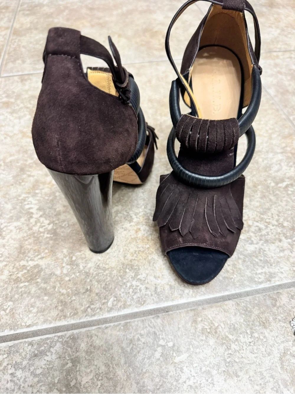 L.A.M.B. Black Brown Suede Fringe Platform Heel Sandals